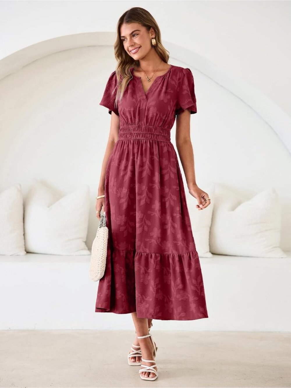 Women's Burgundy Short Sleeve V Neck Empire Waist Floral Imported Maxi Dress - Picture 2 of 6